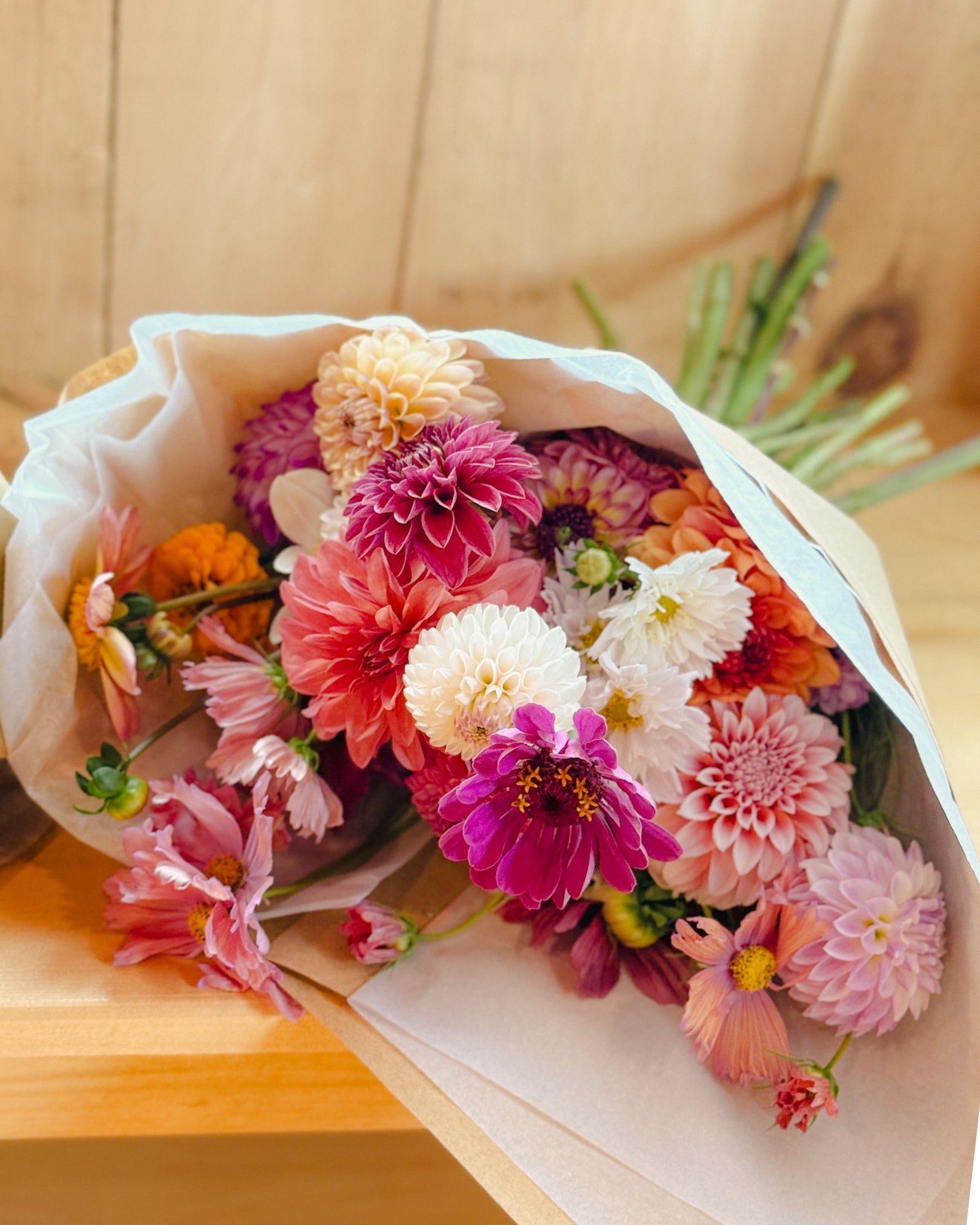 Hand-tied dahlia bouquet workshop at Fox Cottage Farm New Hampshire